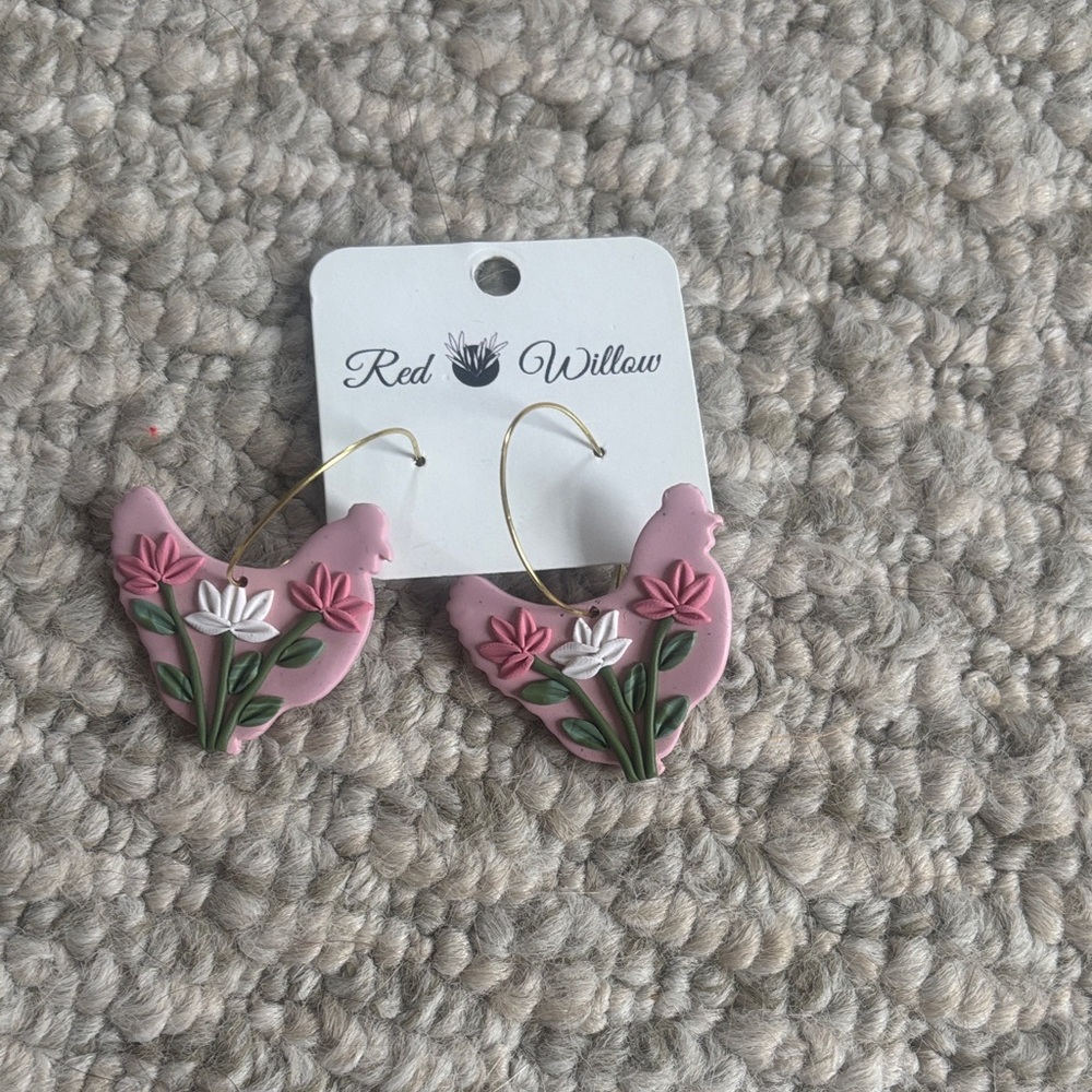 NWT: Pink Chicken and Flower Earrings